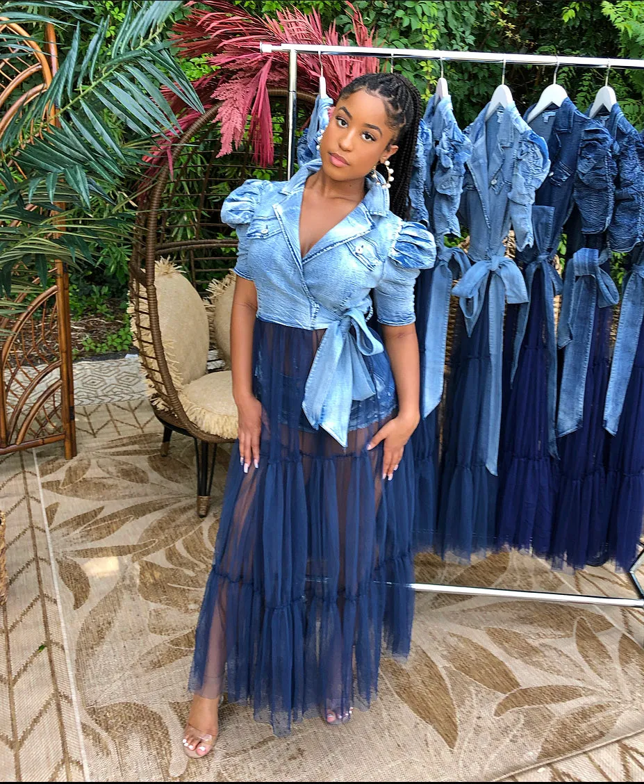 Denim Tulle Wrap Top (Light Wash)