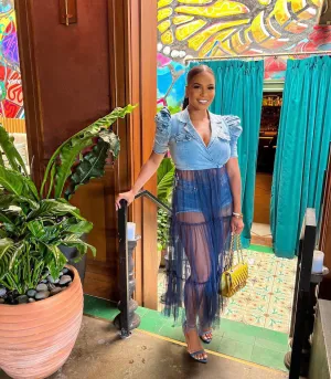 Denim Tulle Wrap Top (Light Wash)