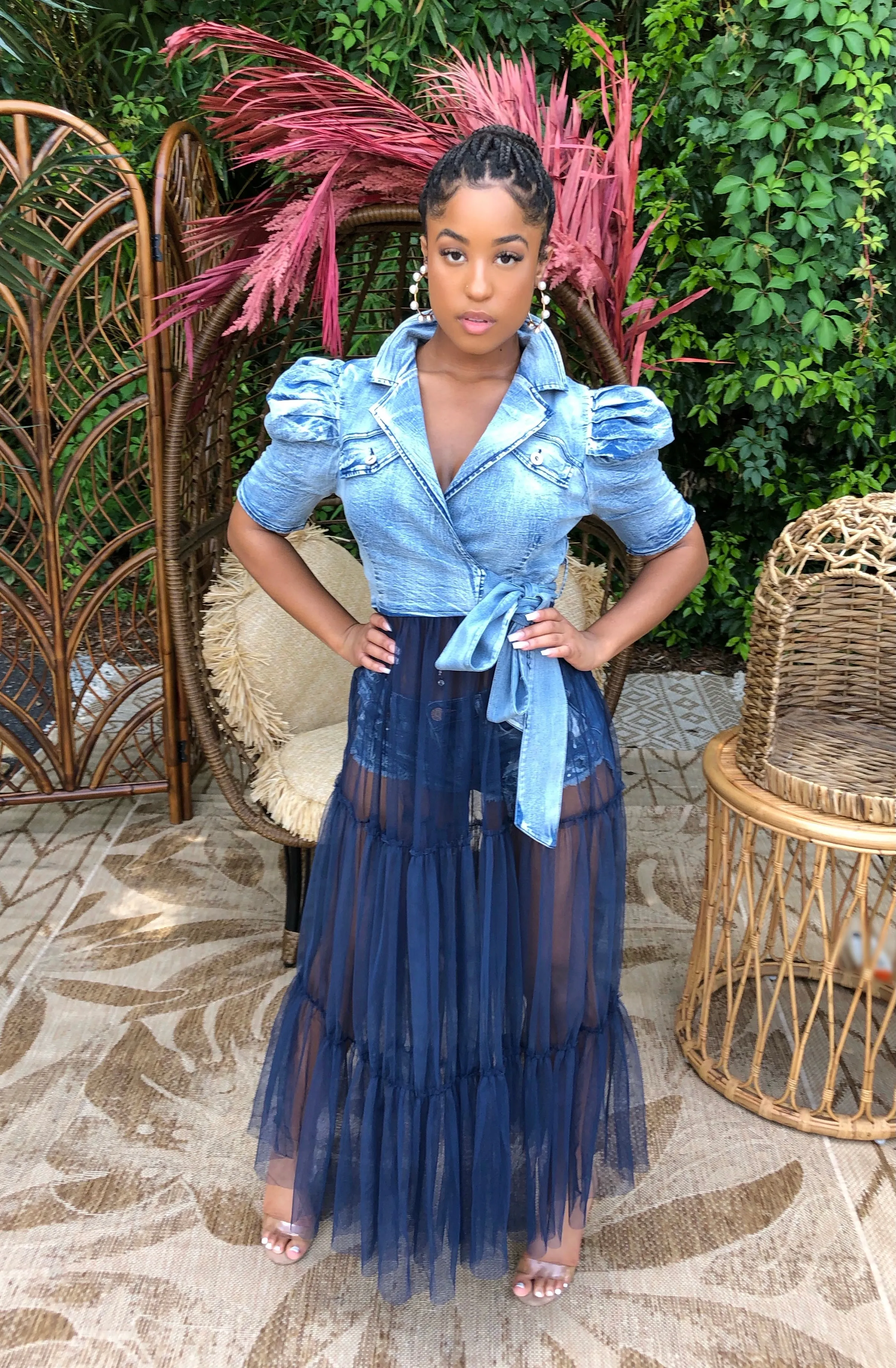 Denim Tulle Wrap Top (Light Wash)