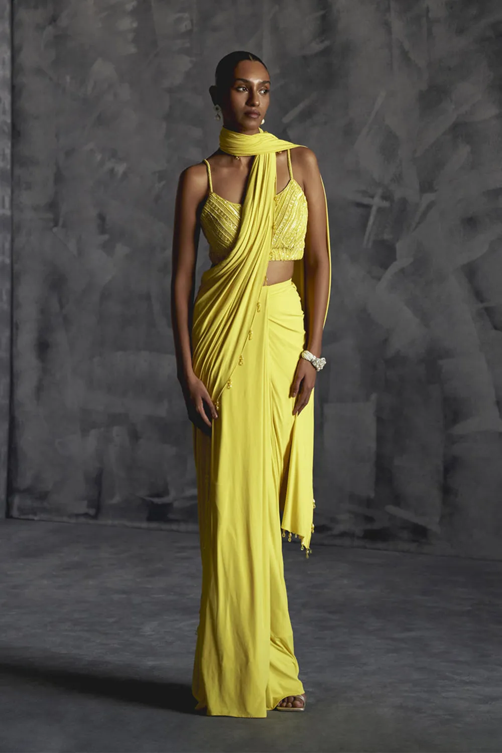 Fitted Draped Saree With Strappy Embelished Blouse