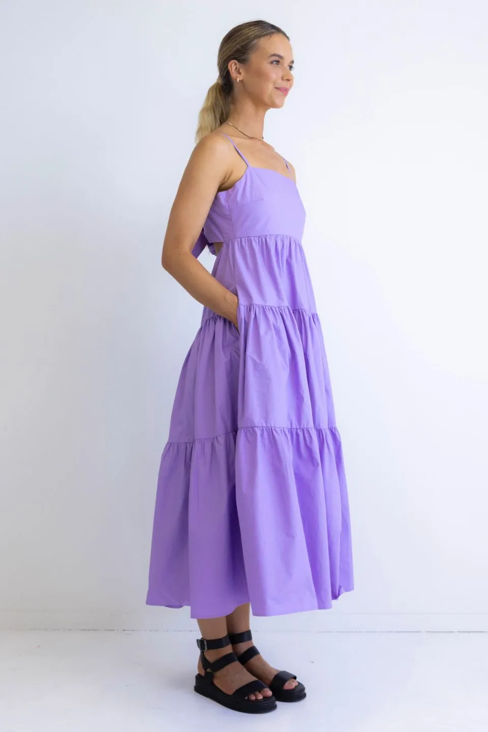 Galaxy Lilac Poplin Tie Back Tiered Strappy Maxi Dress