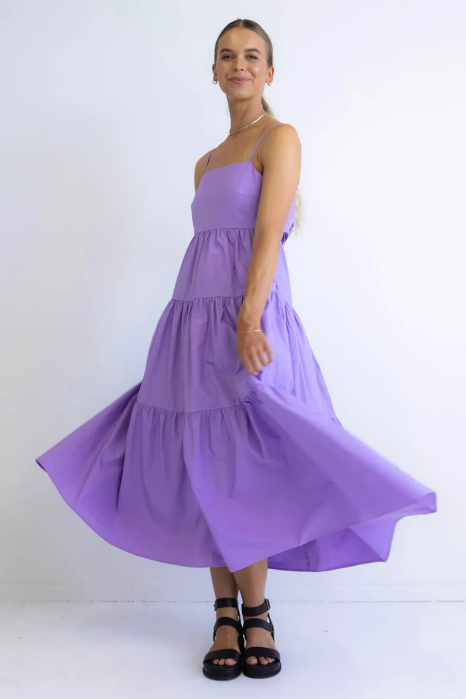 Galaxy Lilac Poplin Tie Back Tiered Strappy Maxi Dress