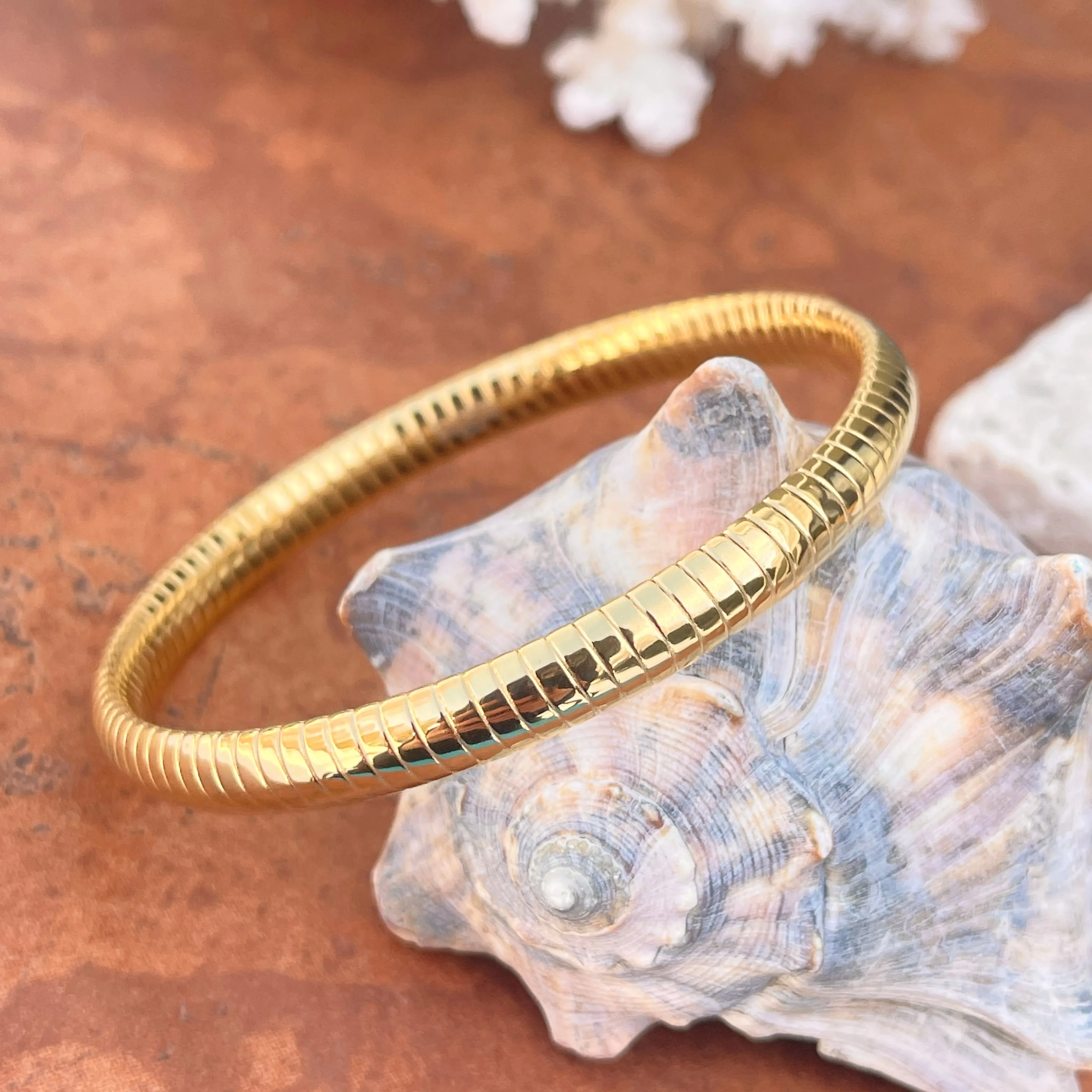 Gold Color Stainless Steel Ribbed Round Slip On Bangle Bracelet