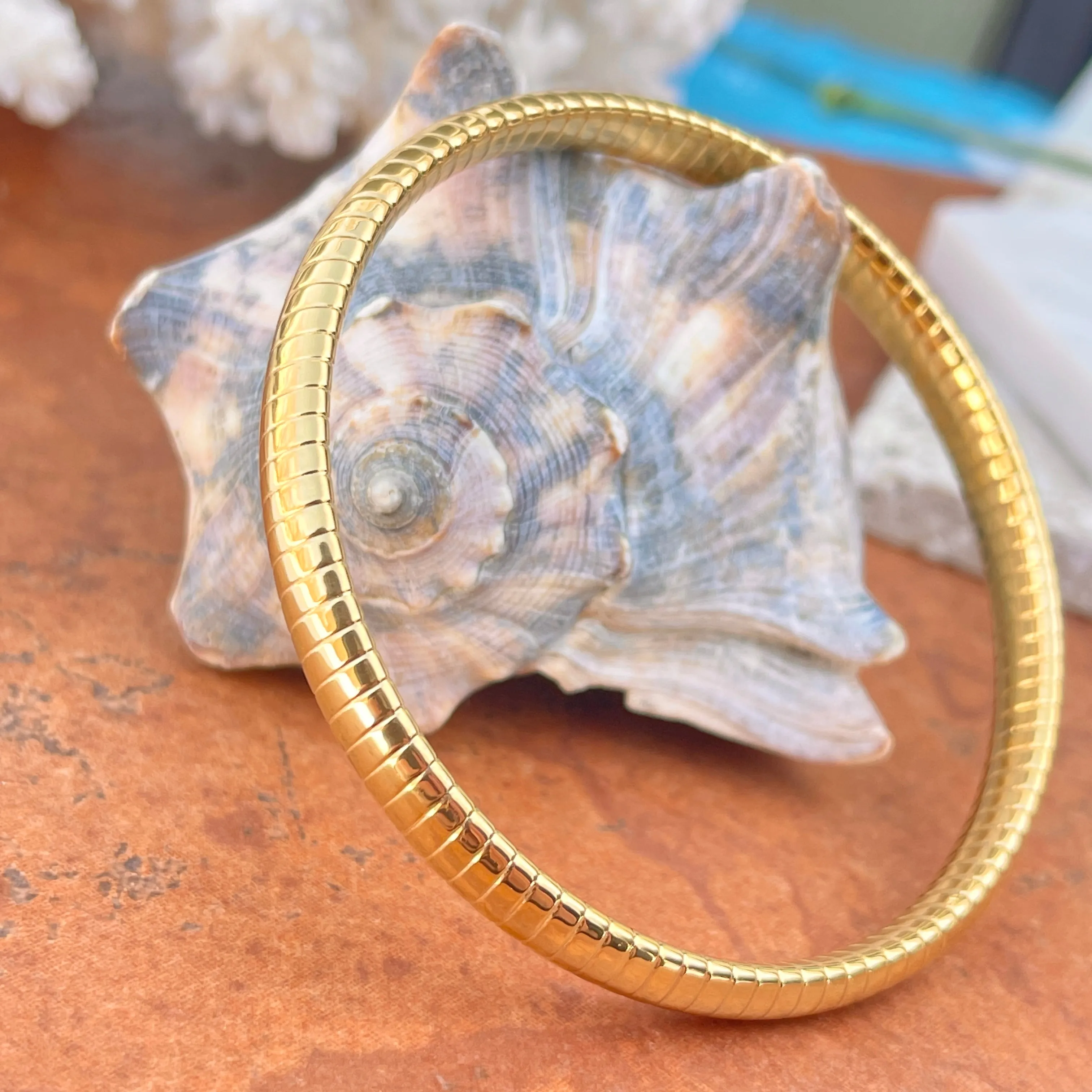Gold Color Stainless Steel Ribbed Round Slip On Bangle Bracelet