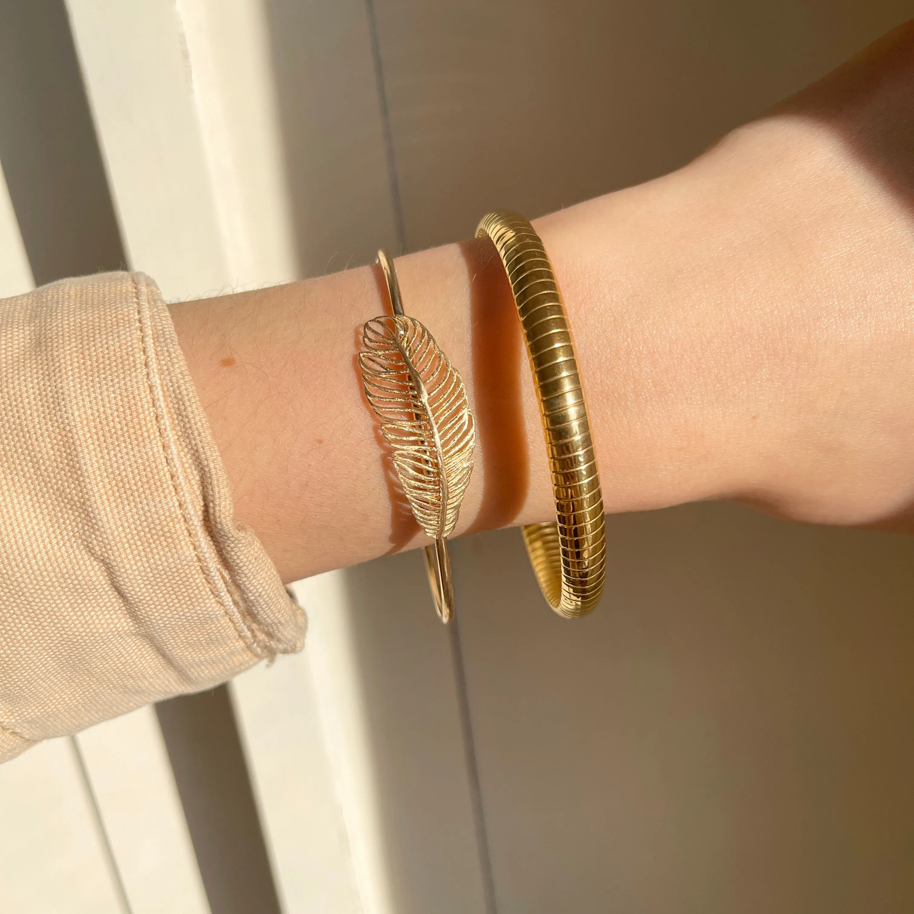 Gold Color Stainless Steel Ribbed Round Slip On Bangle Bracelet