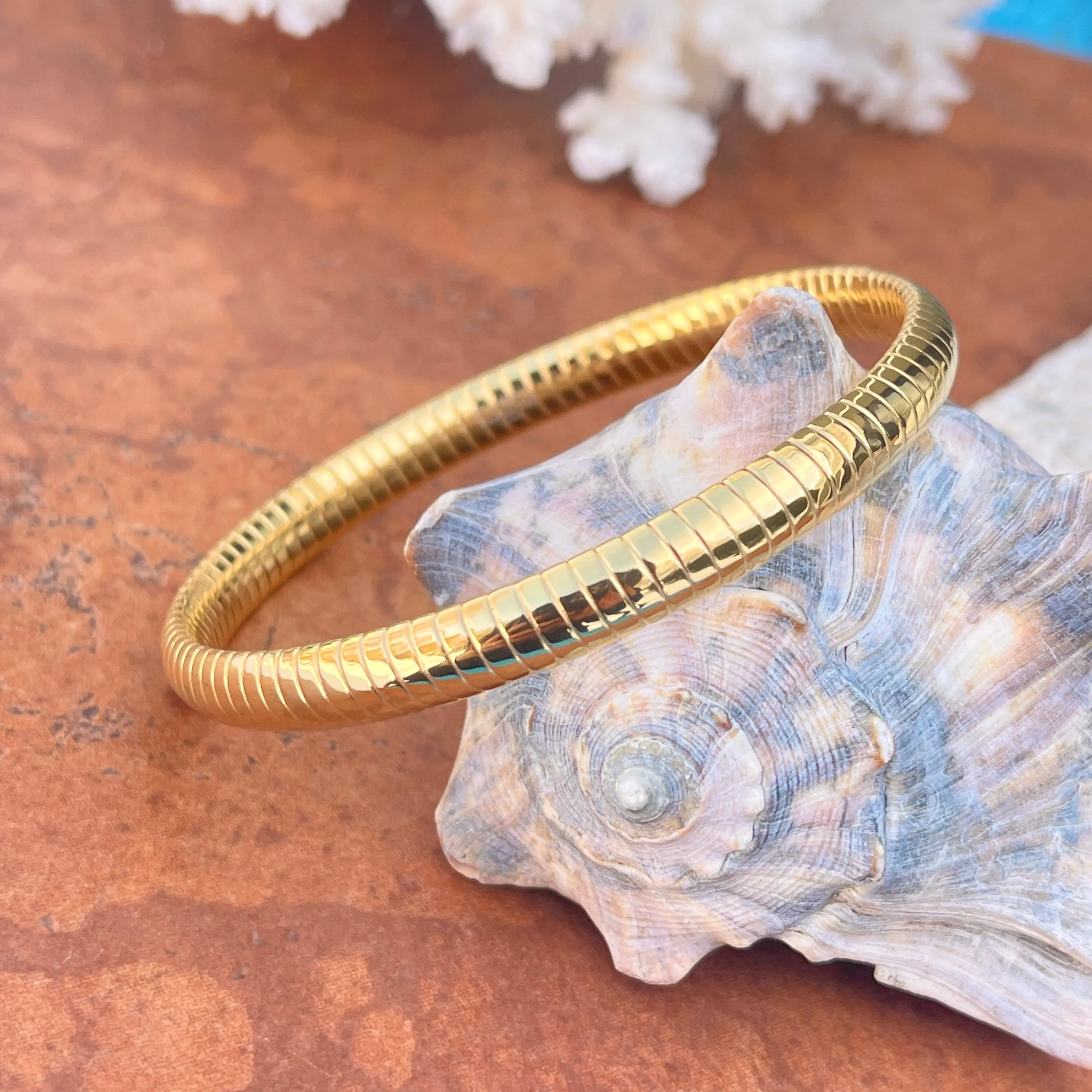 Gold Color Stainless Steel Ribbed Round Slip On Bangle Bracelet
