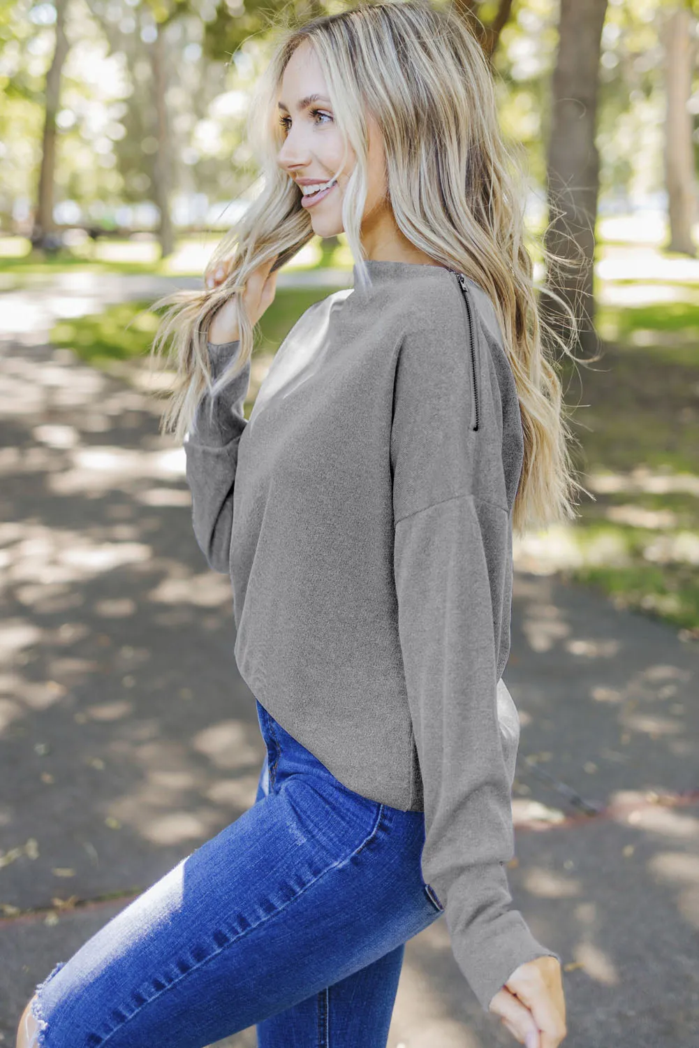 Gray Ribbed Zip Knit Top