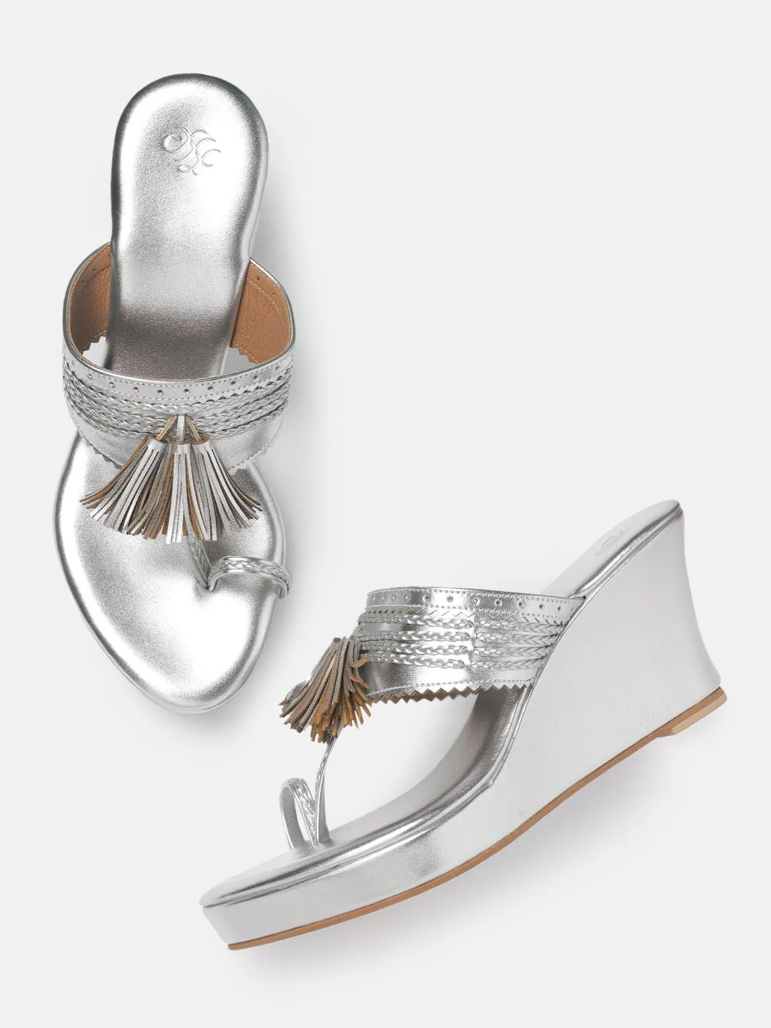 House of Pataudi Open-Toe Woven Design Wedge Heels with Tassels