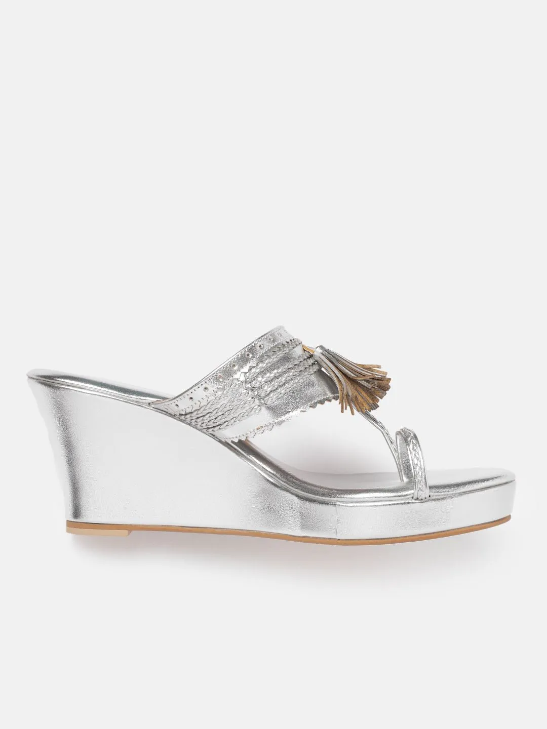 House of Pataudi Open-Toe Woven Design Wedge Heels with Tassels