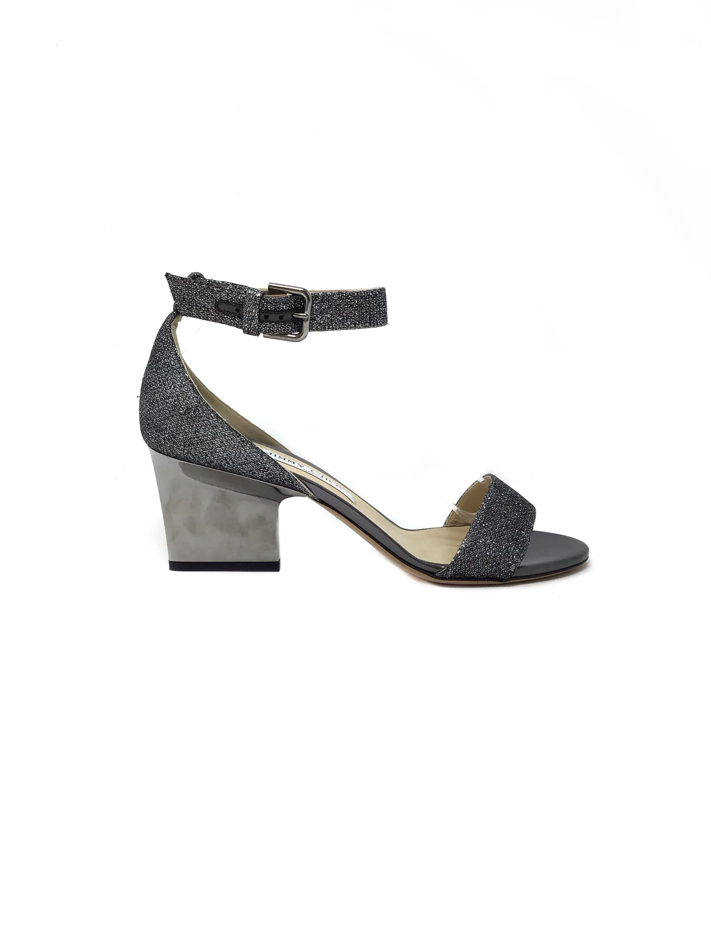 Jimmy Choo W Shoe Size 38 'Edina' Glitter Lamé Open Toe Kitten Heel