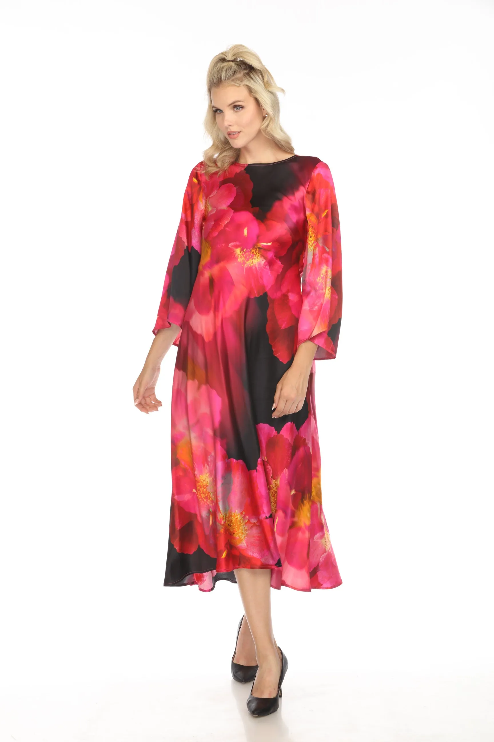 Johnny Was Workshop Floral Silk Kimono Sleeve Midi Dress W37824 Boho Chic