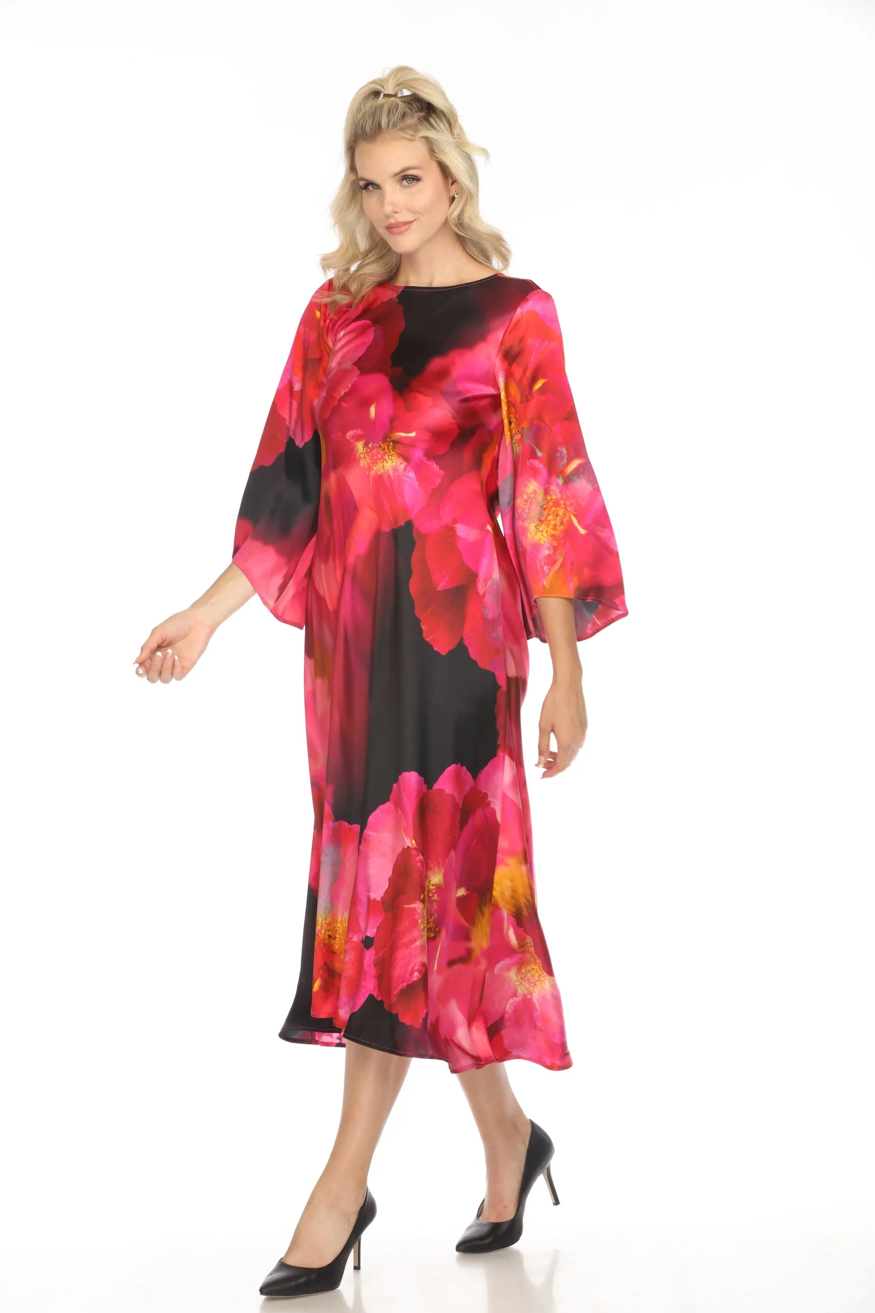 Johnny Was Workshop Floral Silk Kimono Sleeve Midi Dress W37824 Boho Chic