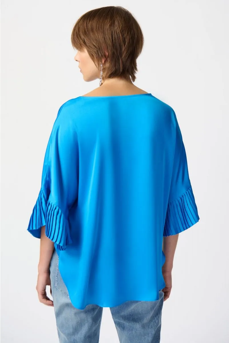 Joseph Ribkoff French Blue Pleated Sleeve Boat Neck Satin Top 241182