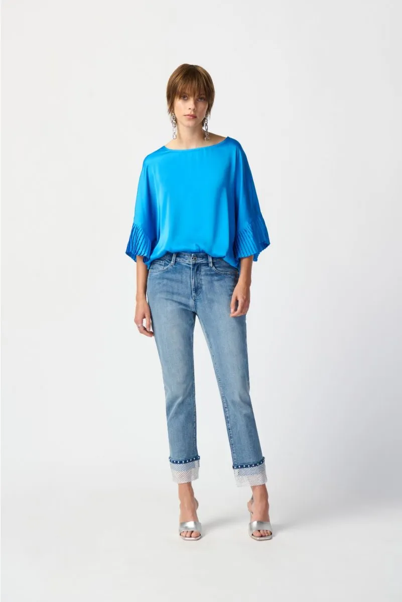 Joseph Ribkoff French Blue Pleated Sleeve Boat Neck Satin Top 241182