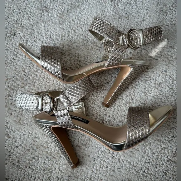 Karl Lagerfeld Paris Women's Cieone Leather Ankle Strap Heels Size 7 Gold EUC!!
