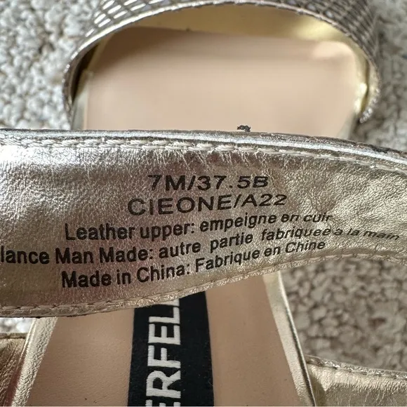 Karl Lagerfeld Paris Women's Cieone Leather Ankle Strap Heels Size 7 Gold EUC!!