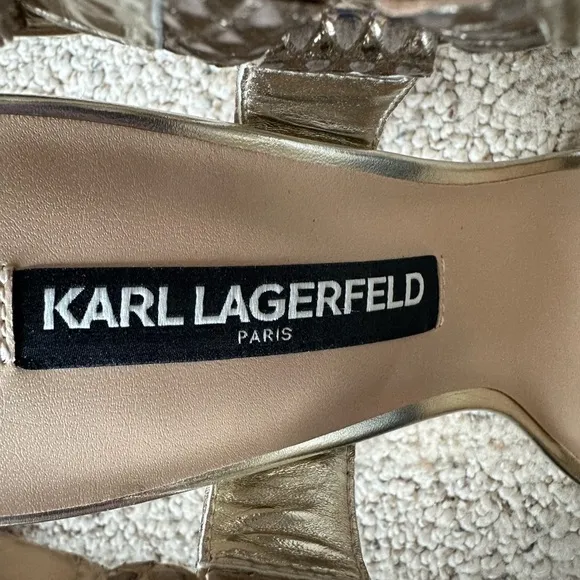 Karl Lagerfeld Paris Women's Cieone Leather Ankle Strap Heels Size 7 Gold EUC!!