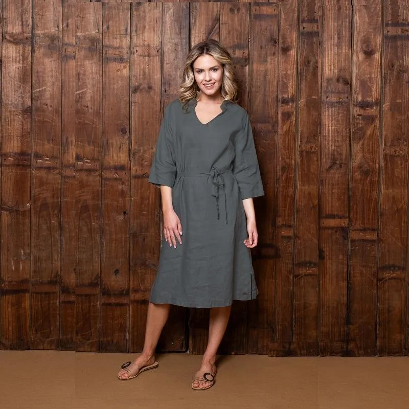 Kingsley Kenya Cruising Linen V-Notch Dress - Slate