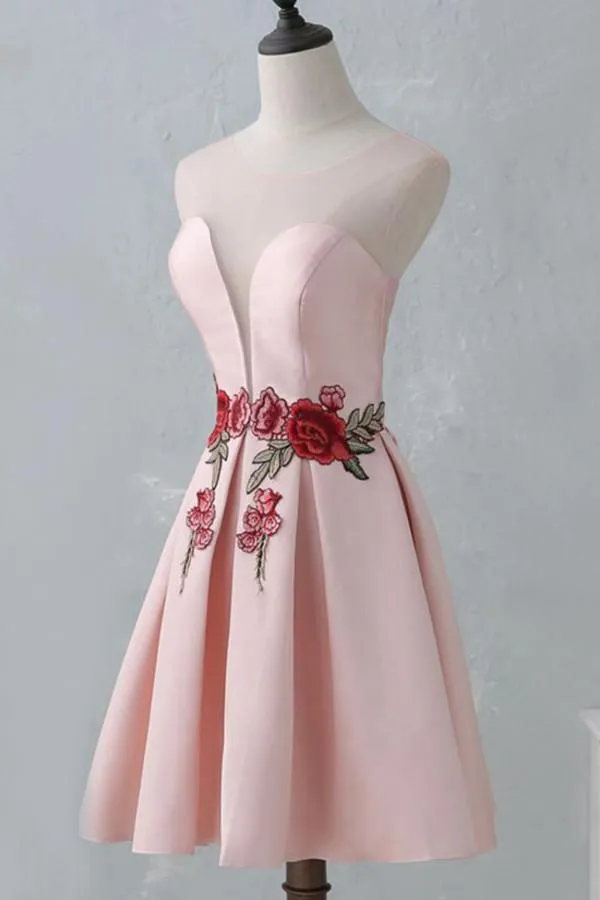 Knee-Length Open Back Pink Satin Homecoming Dress With Appliques TR0173