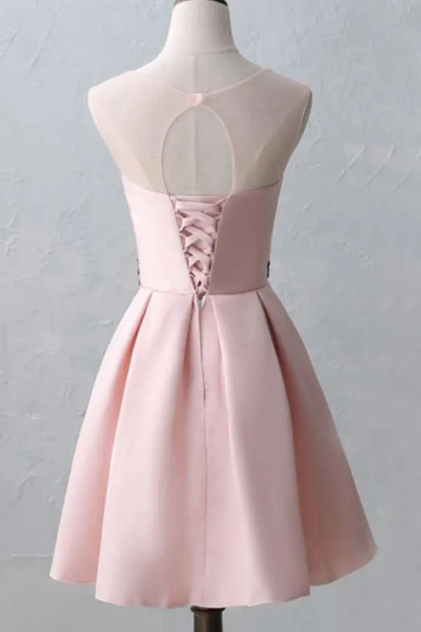 Knee-Length Open Back Pink Satin Homecoming Dress With Appliques TR0173