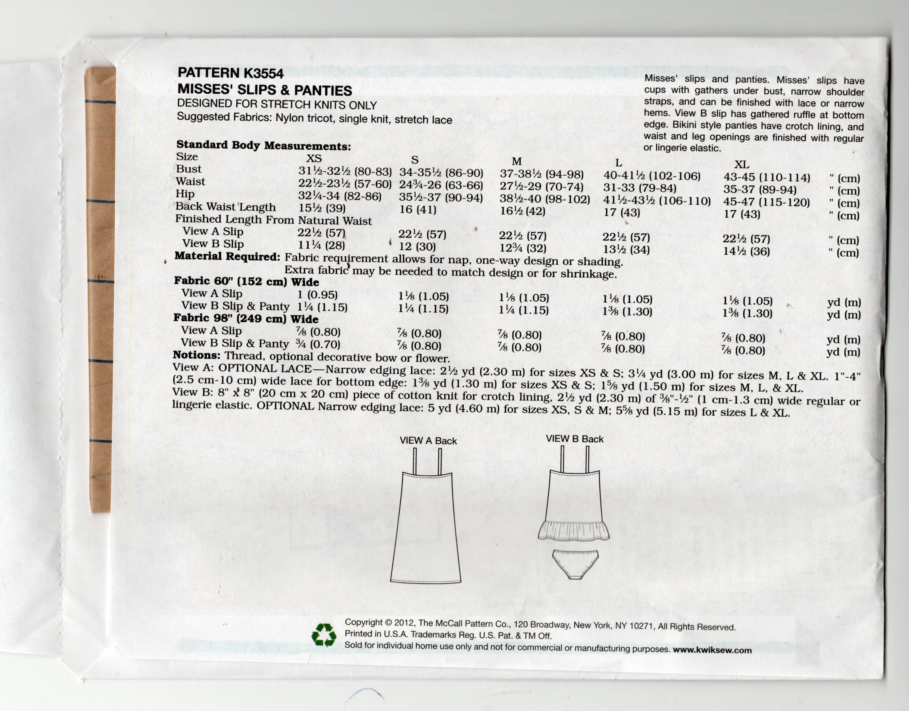 Kwik Sew 3554 Womens Stretch Slips & Panties Out Of Print Sewing Pattern Size XS - XL UNCUT Factory Folded