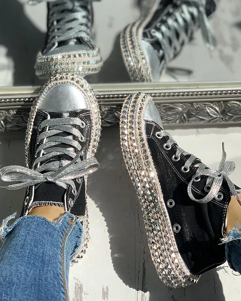 Leopard Print Studded Decor Eyelet Lace up Sneakers