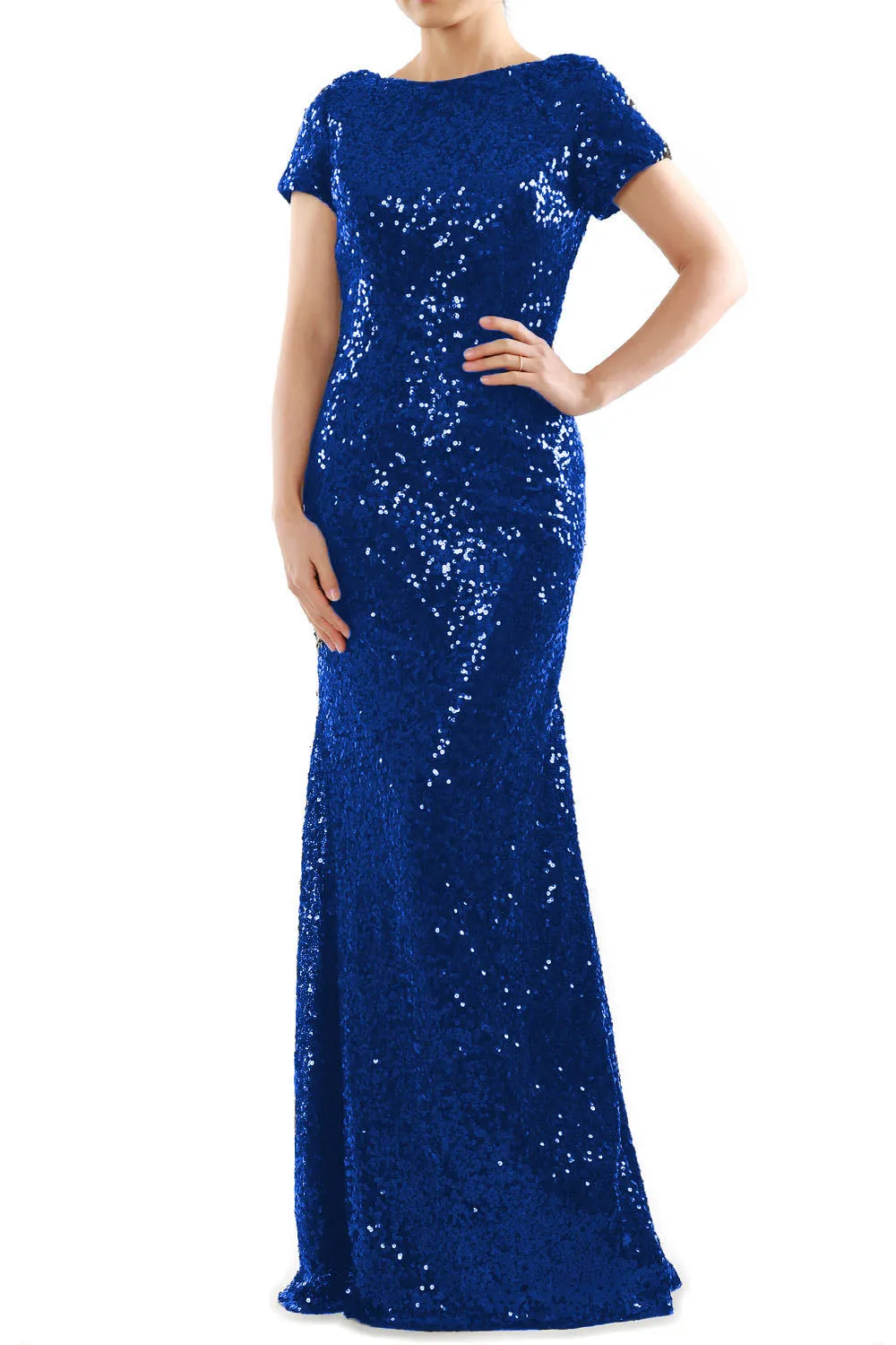 MACloth Mermaid Cap Sleeves Sequin Long Bridesmaid Formal Dress Evening Gown