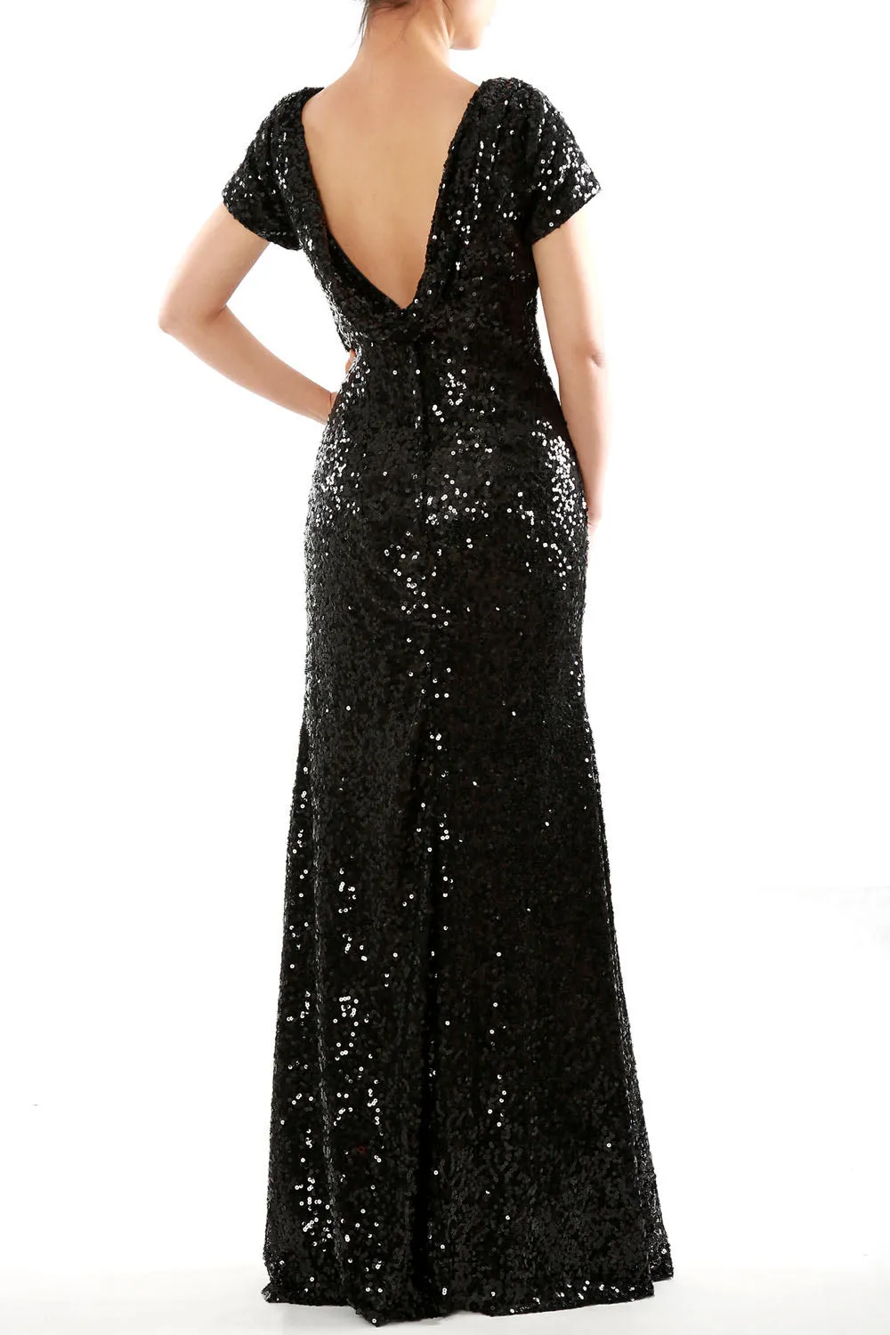 MACloth Mermaid Cap Sleeves Sequin Long Bridesmaid Formal Dress Evening Gown