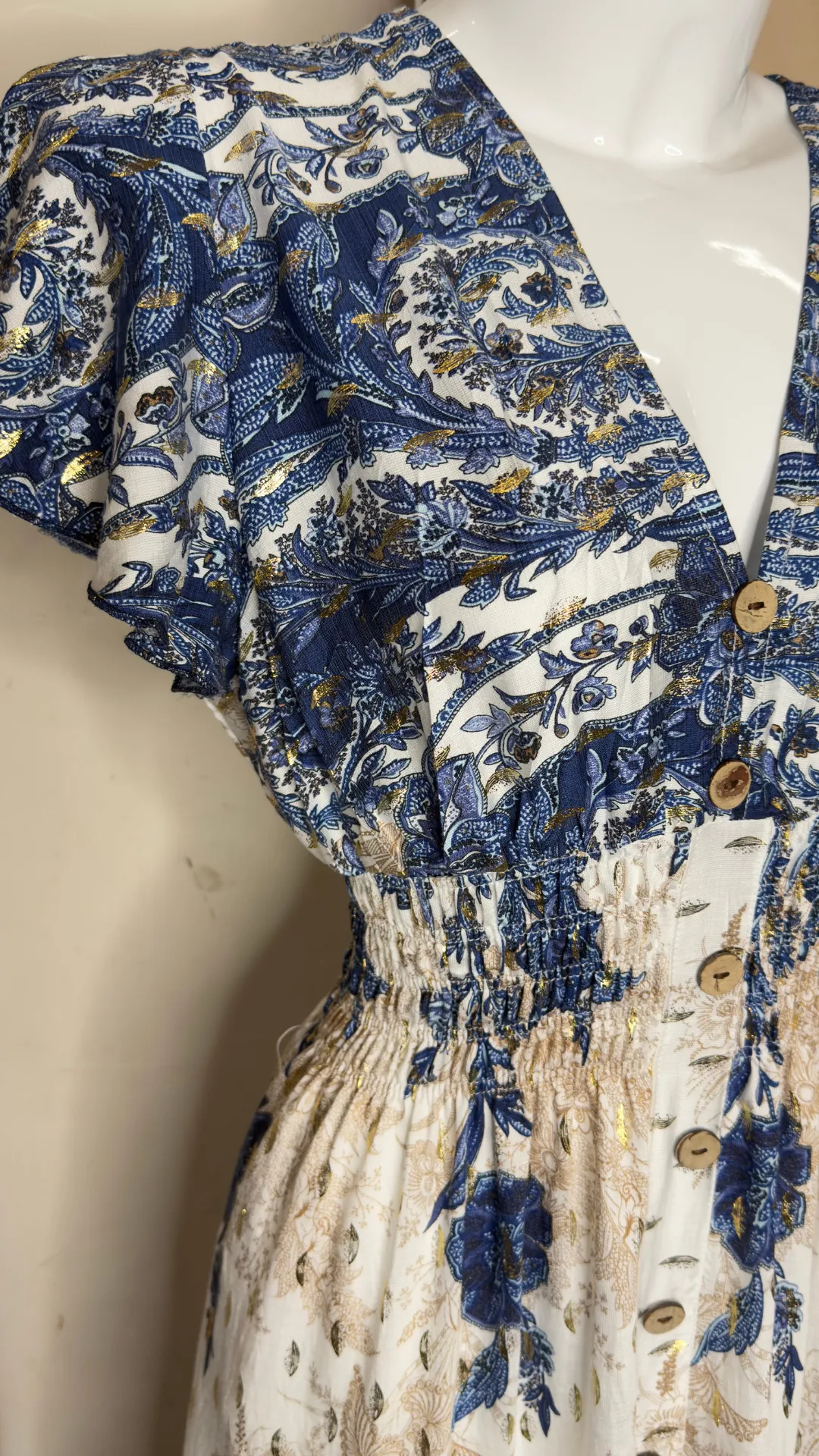 Macy - Linen Look Gold Fleck V-Neck Print Blue Maxi