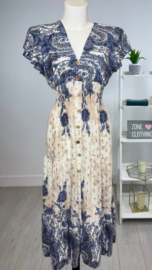 Macy - Linen Look Gold Fleck V-Neck Print Blue Maxi