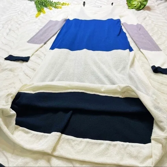Mara Mac White Blue Color Block Long Sleeve Knit Midi Dress Size Large