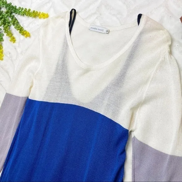 Mara Mac White Blue Color Block Long Sleeve Knit Midi Dress Size Large
