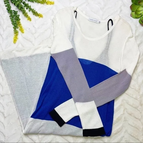 Mara Mac White Blue Color Block Long Sleeve Knit Midi Dress Size Large