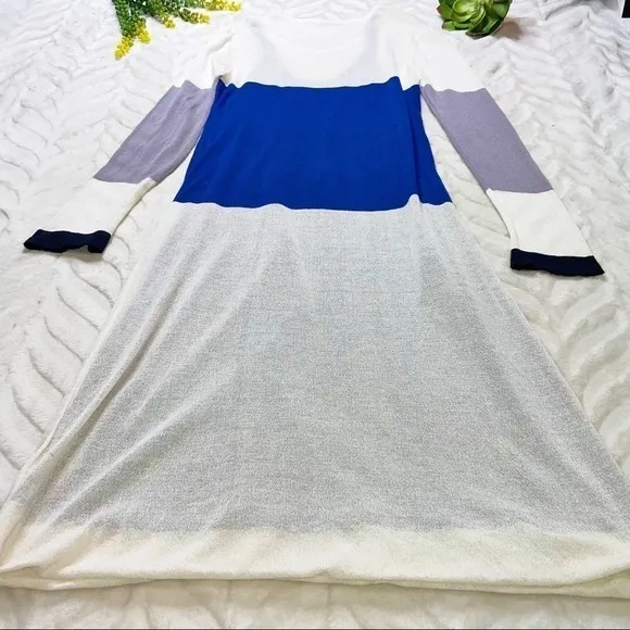 Mara Mac White Blue Color Block Long Sleeve Knit Midi Dress Size Large