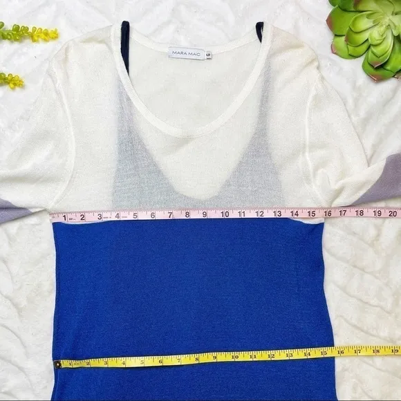 Mara Mac White Blue Color Block Long Sleeve Knit Midi Dress Size Large