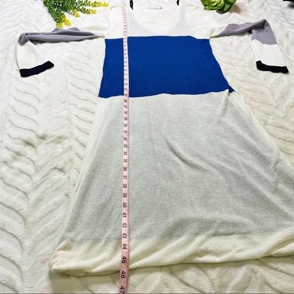 Mara Mac White Blue Color Block Long Sleeve Knit Midi Dress Size Large