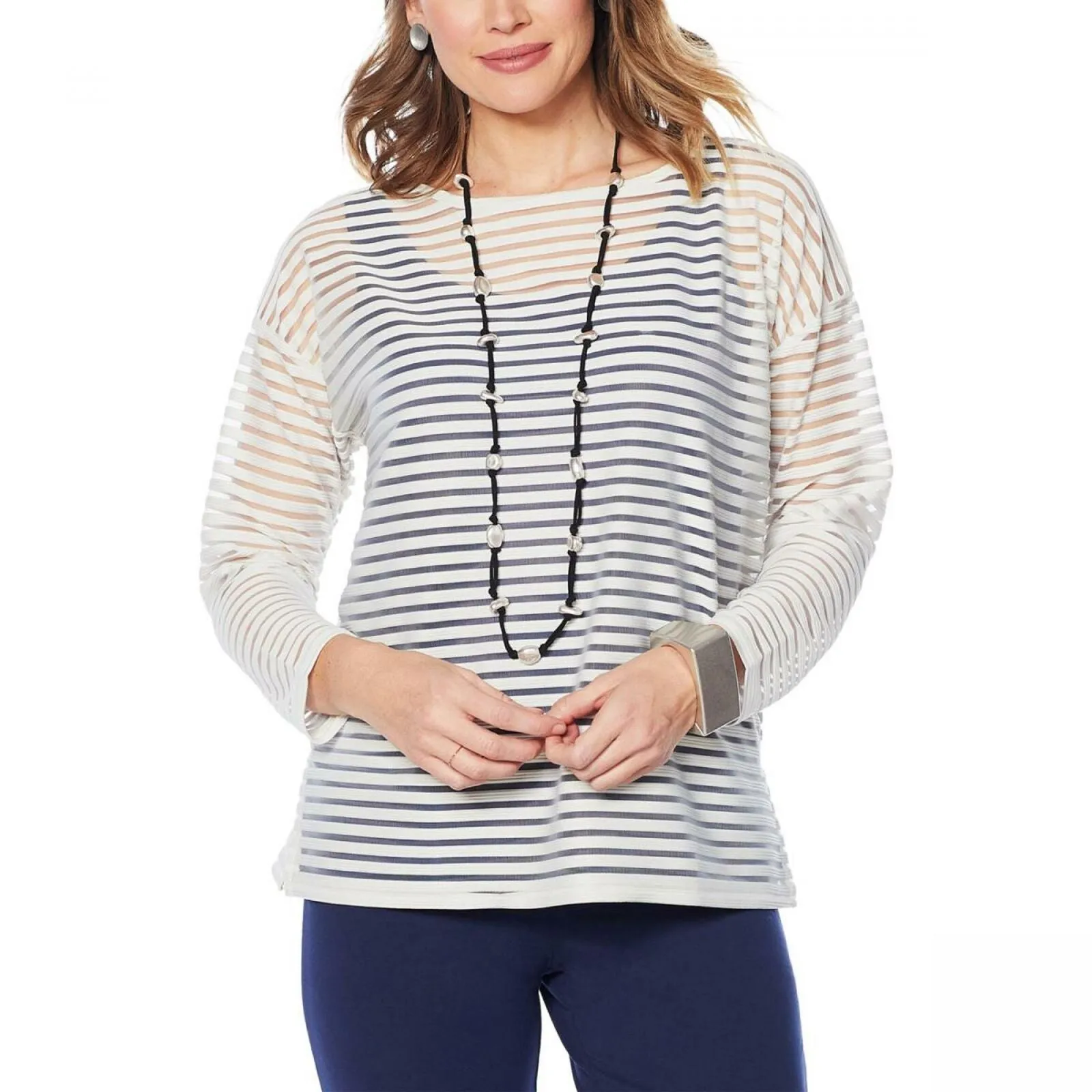 MarlaWynne WynneLayers Women's Sheer Stripe Bateau Neck Pullover Top