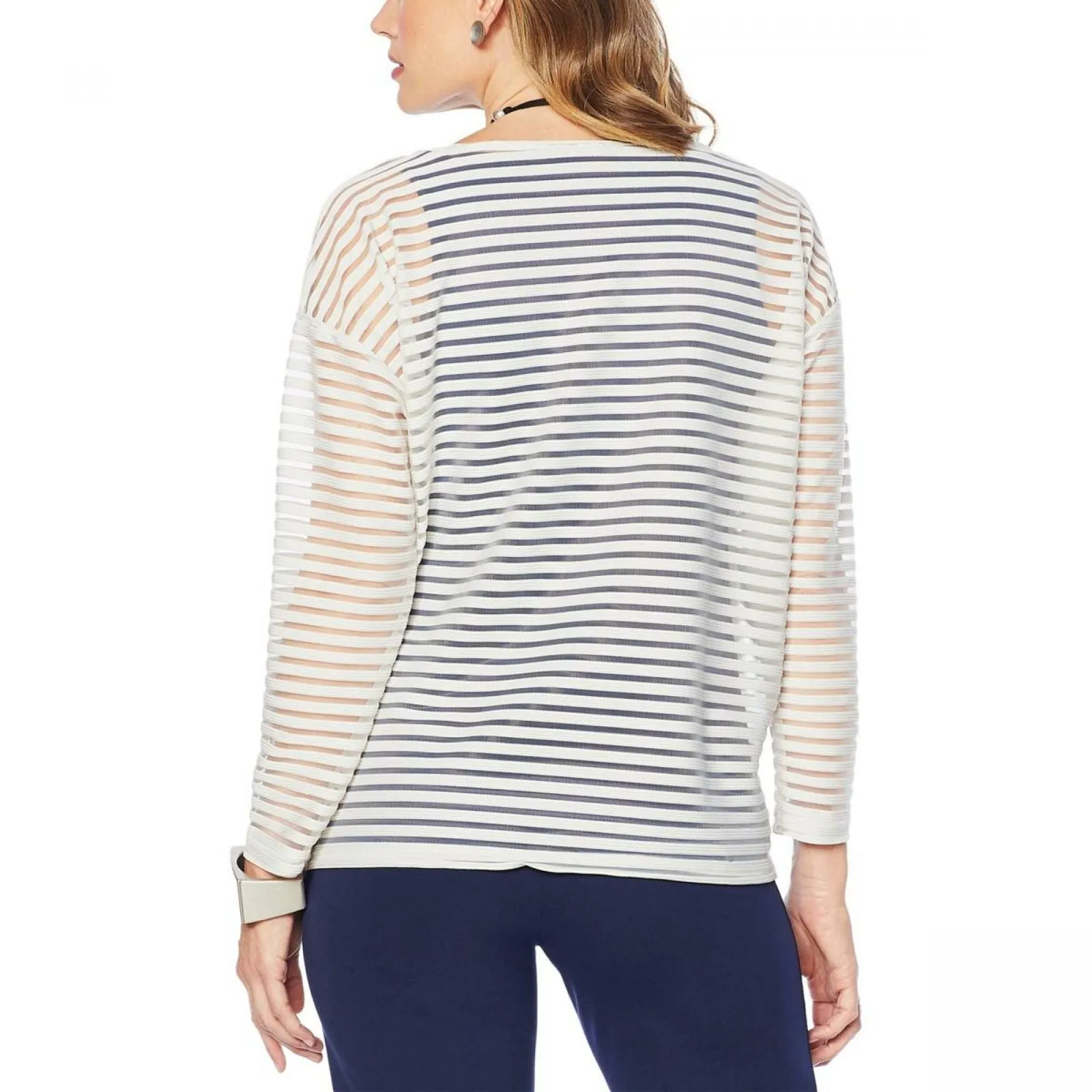 MarlaWynne WynneLayers Women's Sheer Stripe Bateau Neck Pullover Top