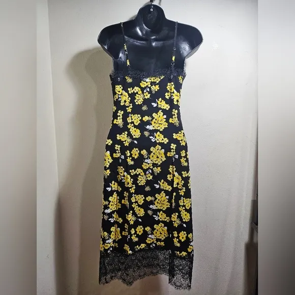 Michael Kors Black Yellow Floral Midi Slip Dress XS