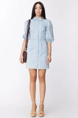 Mini Abito Chemisier In Jeans con Maniche a Sbuffo