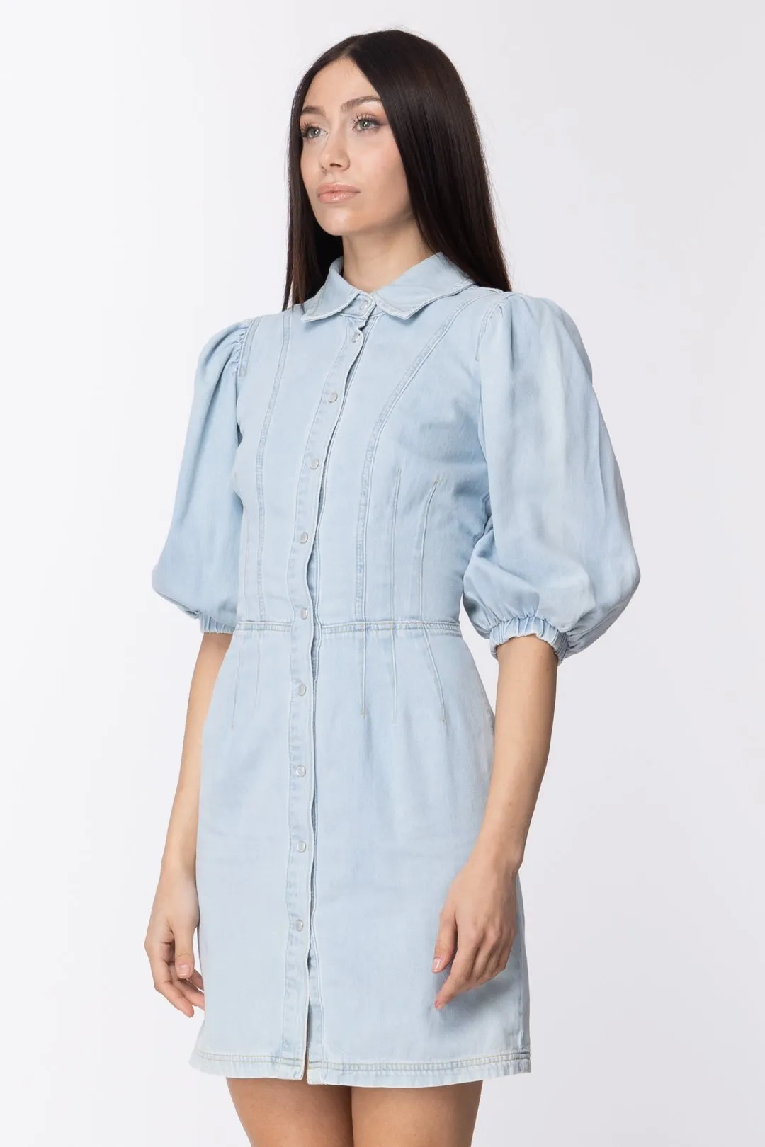 Mini Abito Chemisier In Jeans con Maniche a Sbuffo