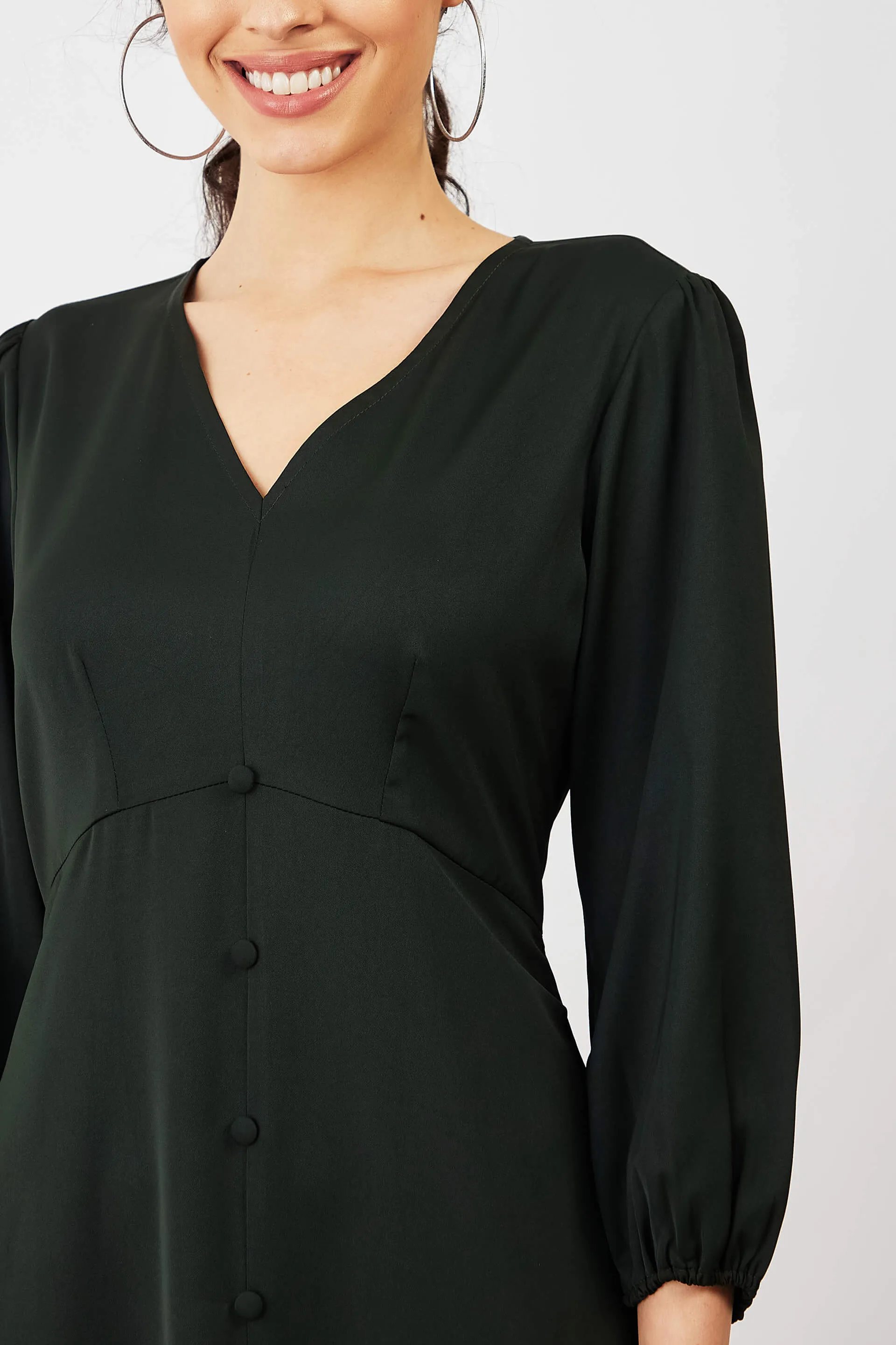 Mintini Faux Button Midi Dress - Olive Green