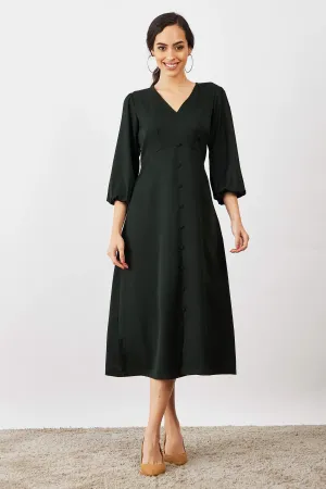 Mintini Faux Button Midi Dress - Olive Green