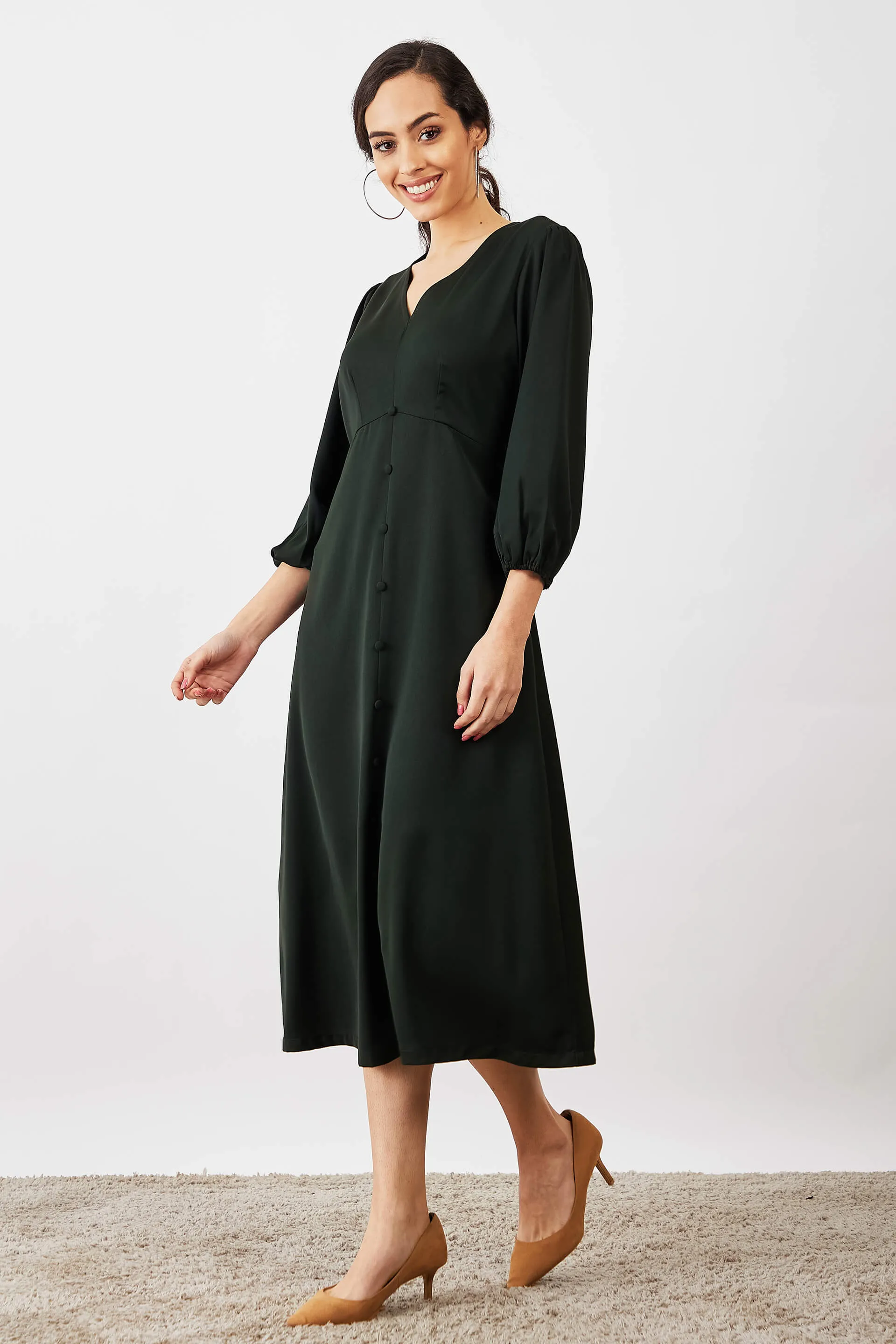 Mintini Faux Button Midi Dress - Olive Green