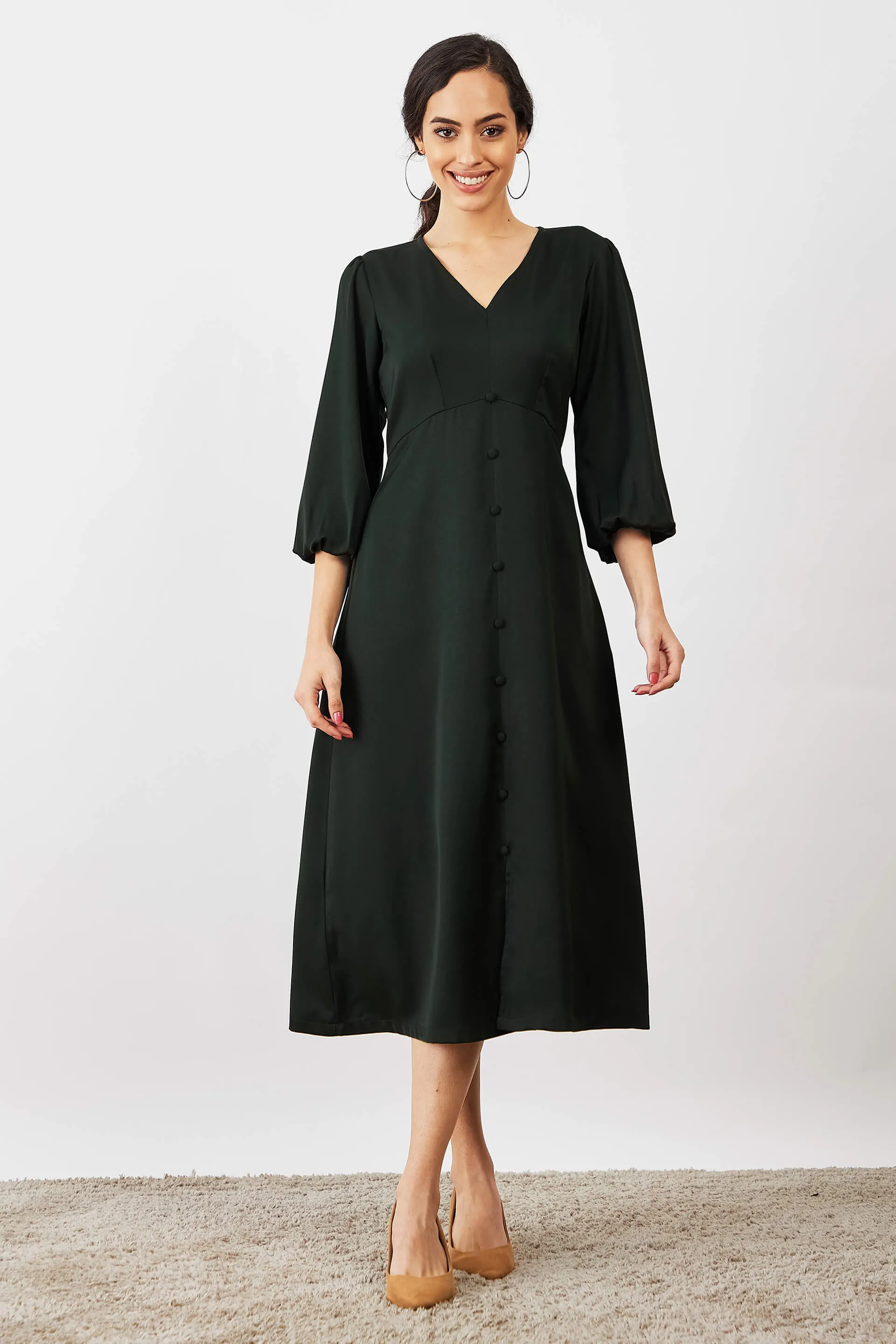 Mintini Faux Button Midi Dress - Olive Green