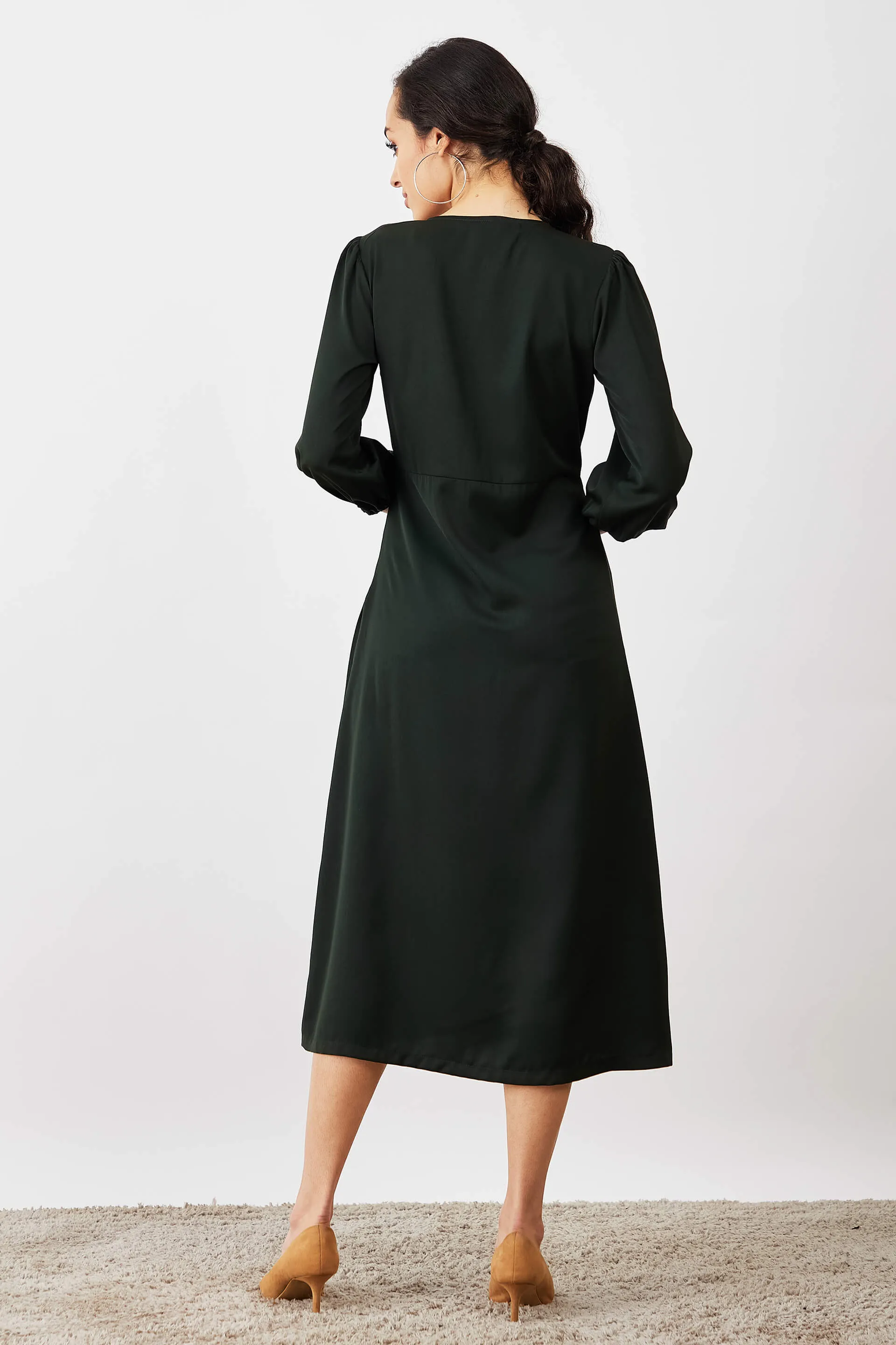 Mintini Faux Button Midi Dress - Olive Green