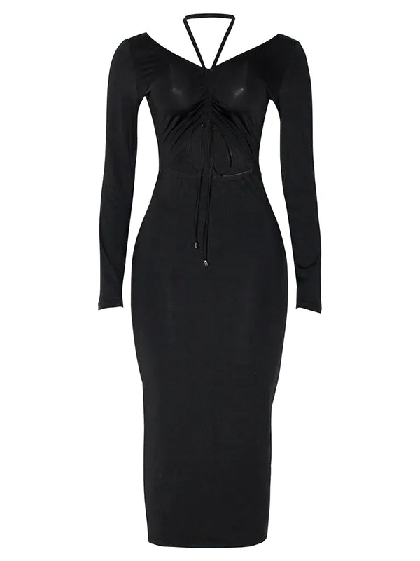 Momnfancy Elegant Black Cutout Off Shoulder Crop Drawstring Knot Basic Daily Maternity Babyshower Midi Dress