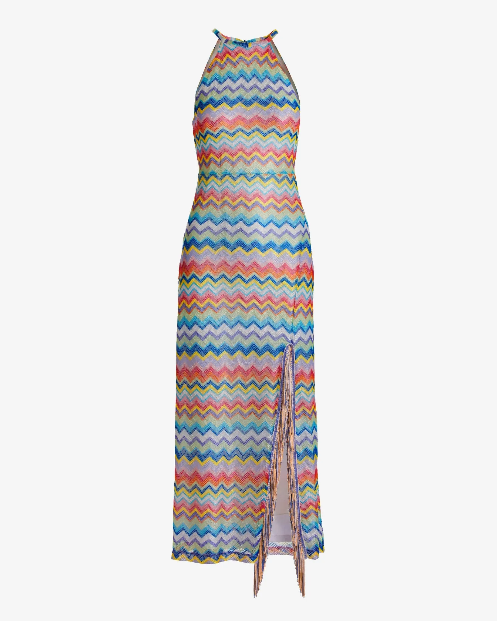 Multi Color Chevron Halter Two Tone Fringe Maxi Dress Multi