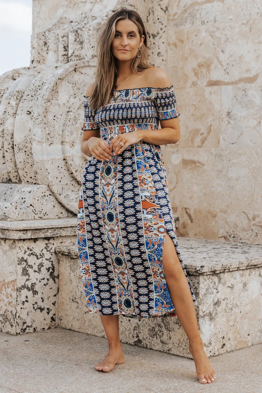 Multi Print Off The Shoulder Midi Dress