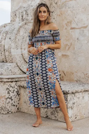 Multi Print Off The Shoulder Midi Dress